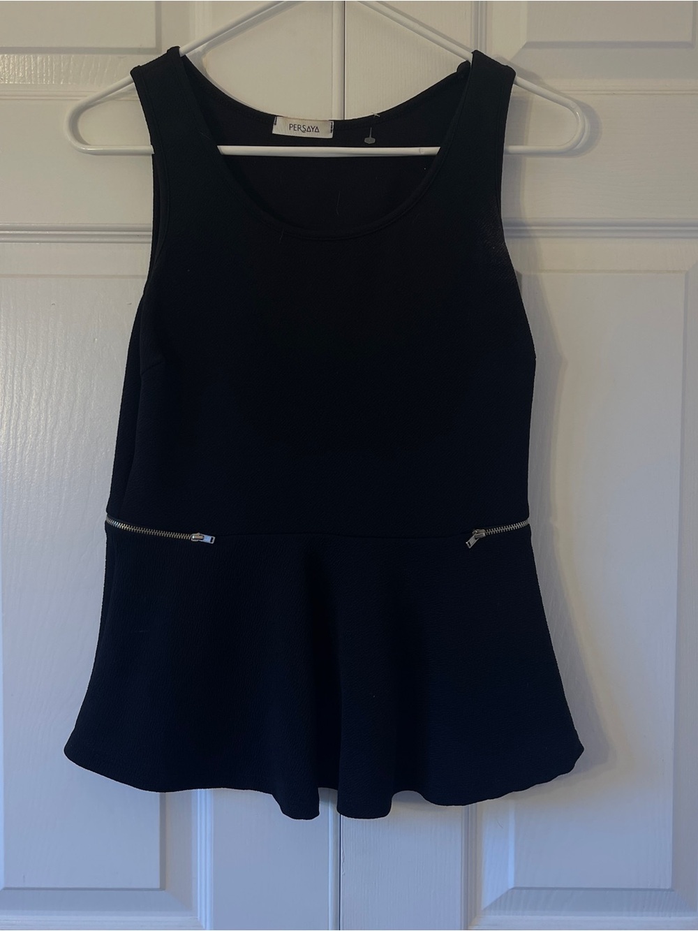 Persaya Black Peplum Tank Top with Zip Accents